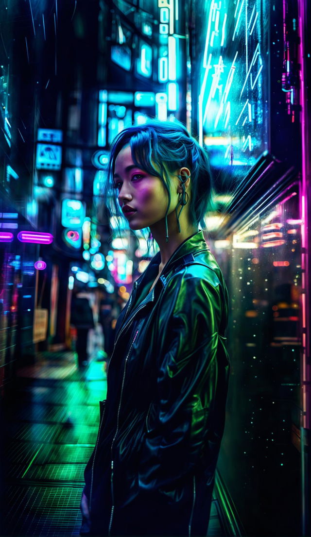 36k HD RAW double exposure street photography of a futuristic cyberpunk cityscape. A beautiful 21-year-old Eurasian woman with traditional style long, light cyan hair and light pink irises is looking at a shop door across the road. She is 5 meters away from the camera, her full body side profile in frame.