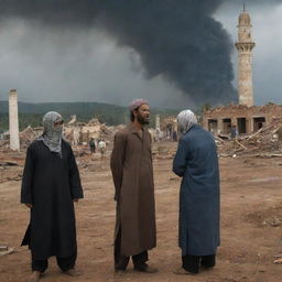 Evolve the tornado scene to show the villagers post-disaster, a tableau of grief and despair. Tears streaming down faces of villagers as they bear witness to the destruction, yet the standing mosque offers some comfort.