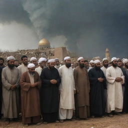 Evolve the tornado scene to show the villagers post-disaster, a tableau of grief and despair. Tears streaming down faces of villagers as they bear witness to the destruction, yet the standing mosque offers some comfort.