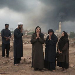 Evolve the tornado scene to show the villagers post-disaster, a tableau of grief and despair. Tears streaming down faces of villagers as they bear witness to the destruction, yet the standing mosque offers some comfort.