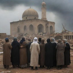 Evolve the tornado scene to show the villagers post-disaster, a tableau of grief and despair. Tears streaming down faces of villagers as they bear witness to the destruction, yet the standing mosque offers some comfort.