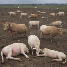 Paint the tragic aftermath of the tornado: faded bodies of the farm animals and villagers portraying a stark scene of loss and devastation. Stricken faces reflect grief, but determined eyes also hint at resilience.