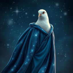 A fantastical portrait of a young white dove wizard, adorned in flowing starry robes