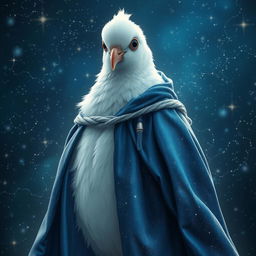 A fantastical portrait of a young white dove wizard, adorned in flowing starry robes