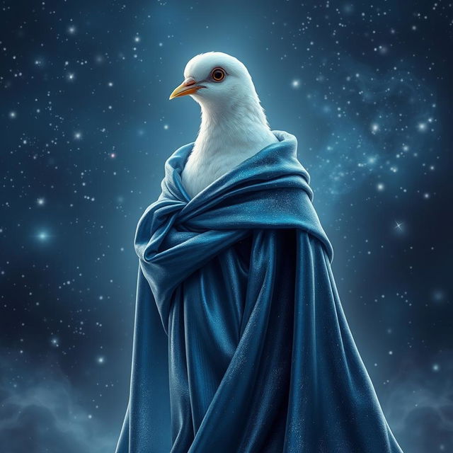 A fantastical portrait of a young white dove wizard, adorned in flowing starry robes