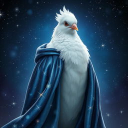 A fantastical portrait of a young white dove wizard, adorned in flowing starry robes