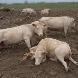 Paint the tragic aftermath of the tornado: faded bodies of the farm animals and villagers portraying a stark scene of loss and devastation. Stricken faces reflect grief, but determined eyes also hint at resilience.