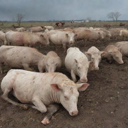 Paint the tragic aftermath of the tornado: faded bodies of the farm animals and villagers portraying a stark scene of loss and devastation. Stricken faces reflect grief, but determined eyes also hint at resilience.