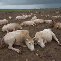 Paint the tragic aftermath of the tornado: faded bodies of the farm animals and villagers portraying a stark scene of loss and devastation. Stricken faces reflect grief, but determined eyes also hint at resilience.