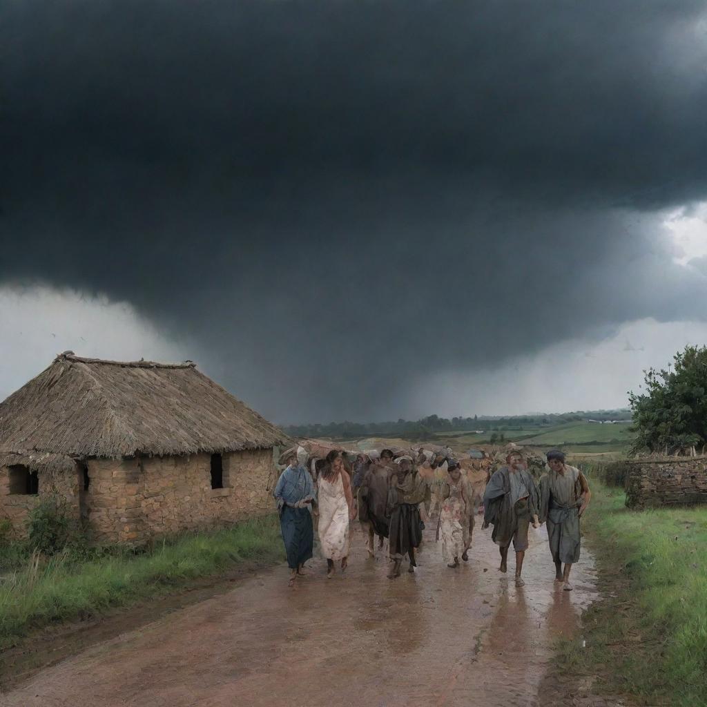 Change the tornadic village scene to introduce a torrential downpour: imposing dark clouds unleash sheets of rain on the grief-stricken villagers, amplifying the drama and emotion of this heart-rending tableau.