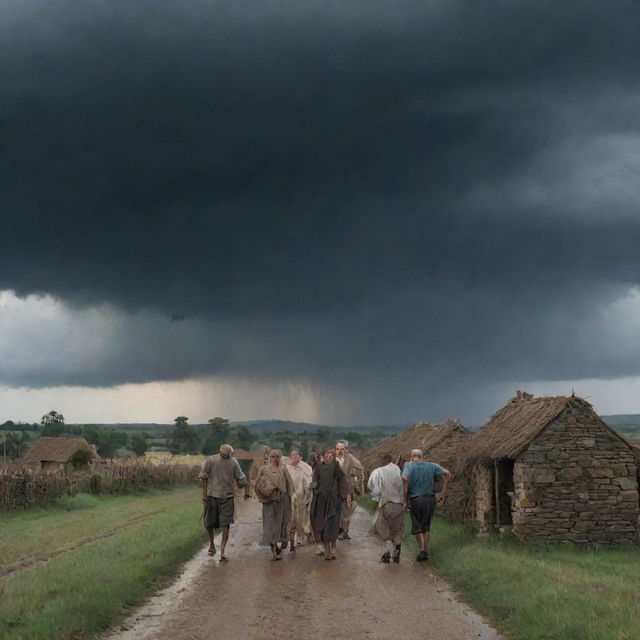 Change the tornadic village scene to introduce a torrential downpour: imposing dark clouds unleash sheets of rain on the grief-stricken villagers, amplifying the drama and emotion of this heart-rending tableau.