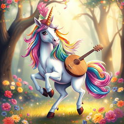 A vibrant and whimsical portrait of a dancing unicorn bard, featuring a majestic unicorn with a shimmering mane of rainbow colors, adorned with a feathered bard's cap