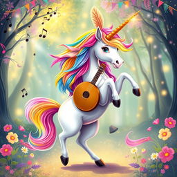 A vibrant and whimsical portrait of a dancing unicorn bard, featuring a majestic unicorn with a shimmering mane of rainbow colors, adorned with a feathered bard's cap