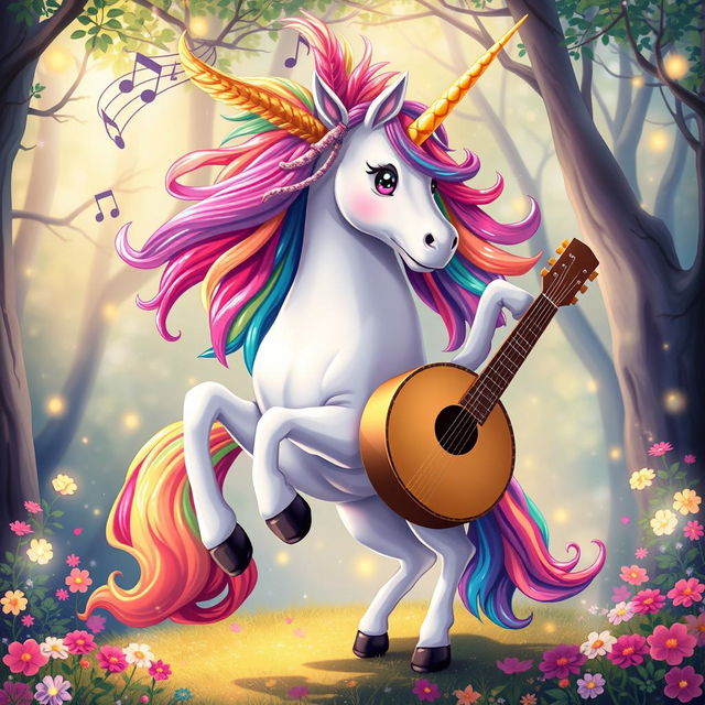 A vibrant and whimsical portrait of a dancing unicorn bard, featuring a majestic unicorn with a shimmering mane of rainbow colors, adorned with a feathered bard's cap