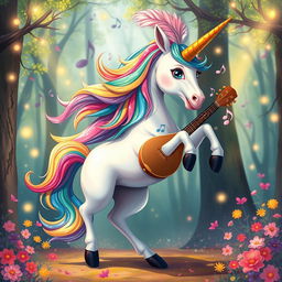 A vibrant and whimsical portrait of a dancing unicorn bard, featuring a majestic unicorn with a shimmering mane of rainbow colors, adorned with a feathered bard's cap