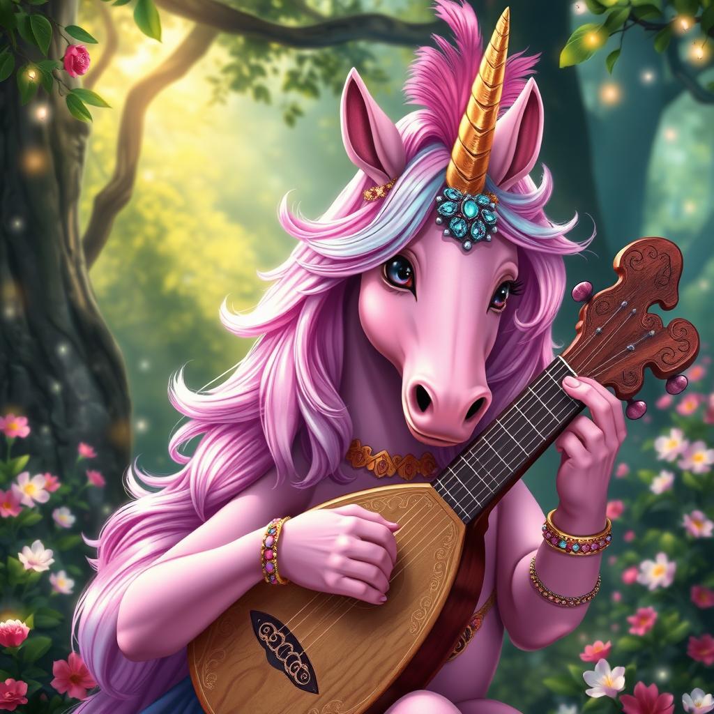 A vibrant and whimsical portrait of a pink unicorn cervan bard, set in a lush, enchanted forest