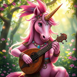 A vibrant and whimsical portrait of a pink unicorn cervan bard, set in a lush, enchanted forest