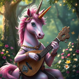A vibrant and whimsical portrait of a pink unicorn cervan bard, set in a lush, enchanted forest