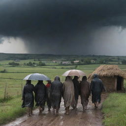 Change the tornadic village scene to introduce a torrential downpour: imposing dark clouds unleash sheets of rain on the grief-stricken villagers, amplifying the drama and emotion of this heart-rending tableau.