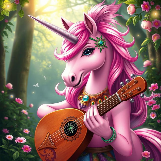 A vibrant and whimsical portrait of a pink unicorn cervan bard, set in a lush, enchanted forest