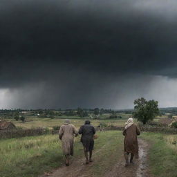 Change the tornadic village scene to introduce a torrential downpour: imposing dark clouds unleash sheets of rain on the grief-stricken villagers, amplifying the drama and emotion of this heart-rending tableau.