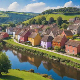 A vibrant cityscape juxtaposing with a tranquil countryside village.