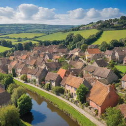 A vibrant cityscape juxtaposing with a tranquil countryside village.