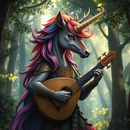 A stunning portrait of a unicorn cervan bard from the world of Humblewood