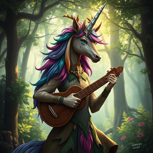 A stunning portrait of a unicorn cervan bard from the world of Humblewood