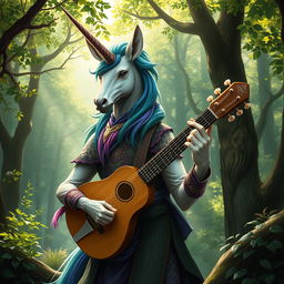 A stunning portrait of a unicorn cervan bard from the world of Humblewood