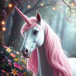 A portrait of an enchanting unicorn with a flowing pink mane and a shimmering pink horn, embodying the magical essence of the Humblewood setting