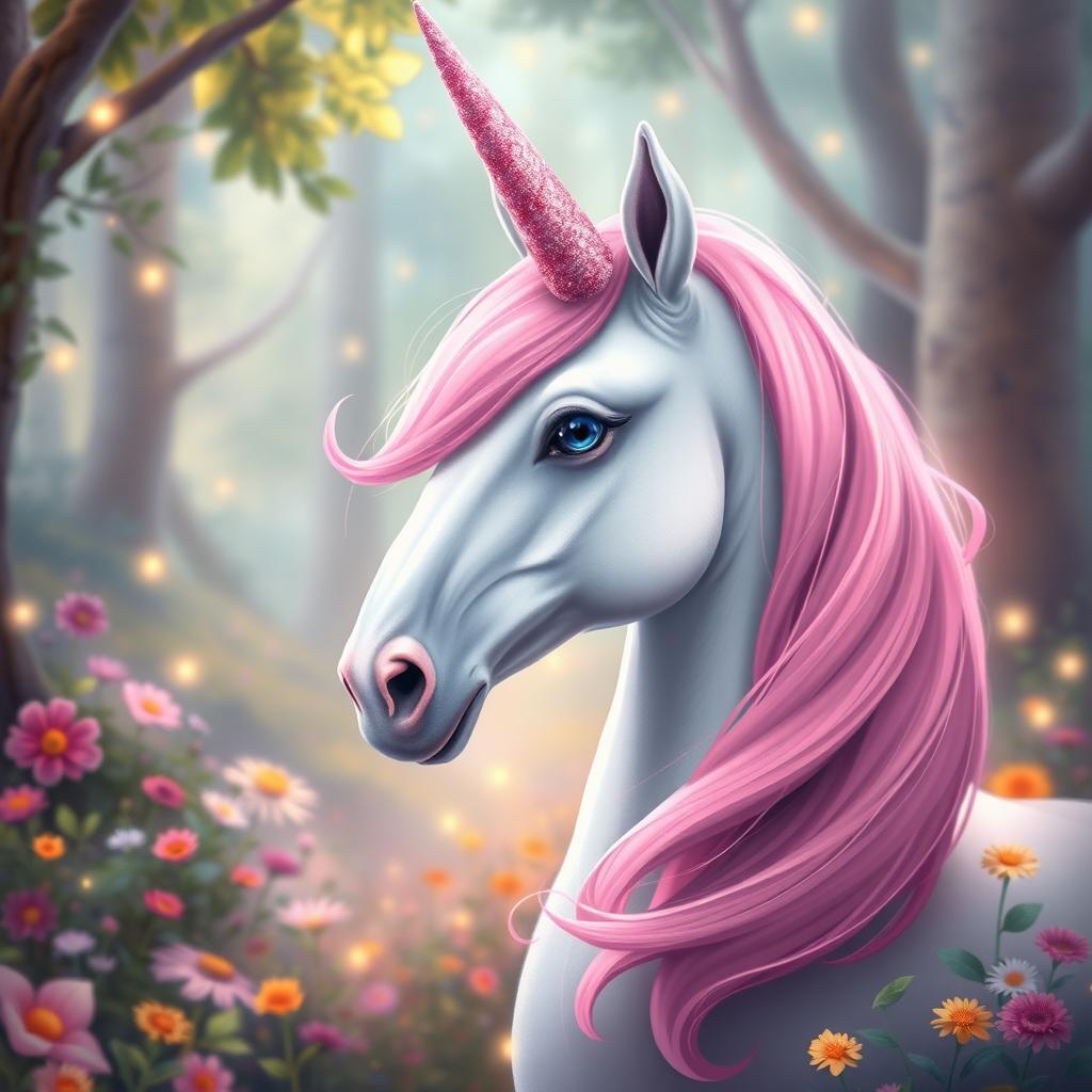 A portrait of an enchanting unicorn with a flowing pink mane and a shimmering pink horn, embodying the magical essence of the Humblewood setting