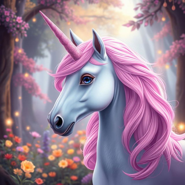 A portrait of an enchanting unicorn with a flowing pink mane and a shimmering pink horn, embodying the magical essence of the Humblewood setting