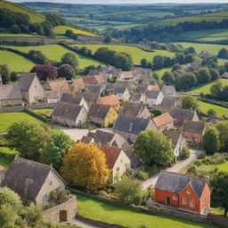 A vibrant cityscape juxtaposing with a tranquil countryside village.