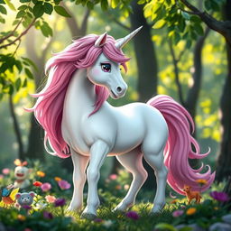 A majestic unicorn with a flowing pink mane stands gracefully in a whimsical forest setting inspired by the Humblewood tabletop universe