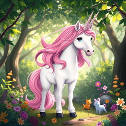 A majestic unicorn with a flowing pink mane stands gracefully in a whimsical forest setting inspired by the Humblewood tabletop universe