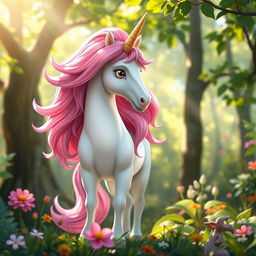 A majestic unicorn with a flowing pink mane stands gracefully in a whimsical forest setting inspired by the Humblewood tabletop universe