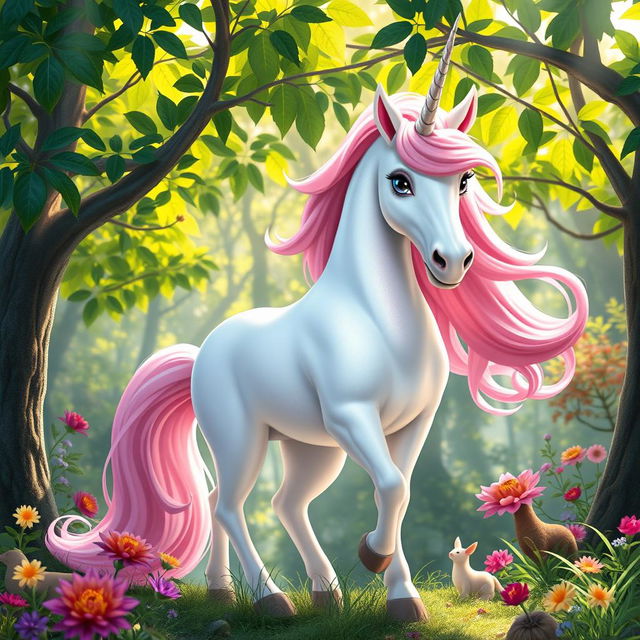 A majestic unicorn with a flowing pink mane stands gracefully in a whimsical forest setting inspired by the Humblewood tabletop universe