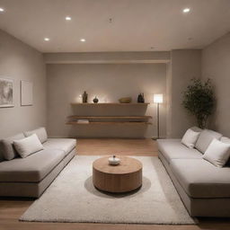 A well-illuminated but cozy backroom with minimalist design and comfortable furniture