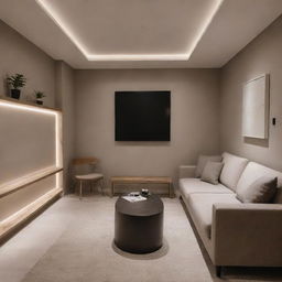 A well-illuminated but cozy backroom with minimalist design and comfortable furniture