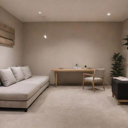 A well-illuminated but cozy backroom with minimalist design and comfortable furniture