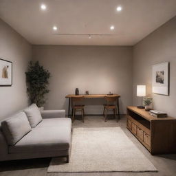 A well-illuminated but cozy backroom with minimalist design and comfortable furniture