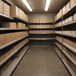 An organized ground floor backroom with storage shelves and essentials, subtly lit.