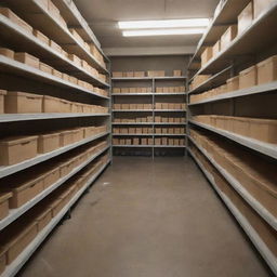 An organized ground floor backroom with storage shelves and essentials, subtly lit.