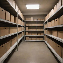 An organized ground floor backroom with storage shelves and essentials, subtly lit.