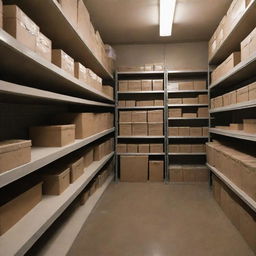 An organized ground floor backroom with storage shelves and essentials, subtly lit.