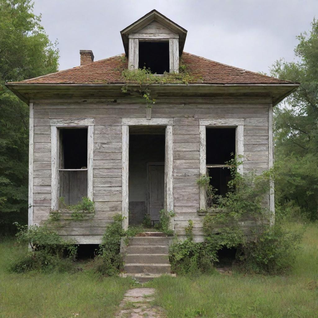 A derelict, neglected house with weathered walls, faded paint, overgrown vegetation, and creaky, broken windows hinting at its former glory.