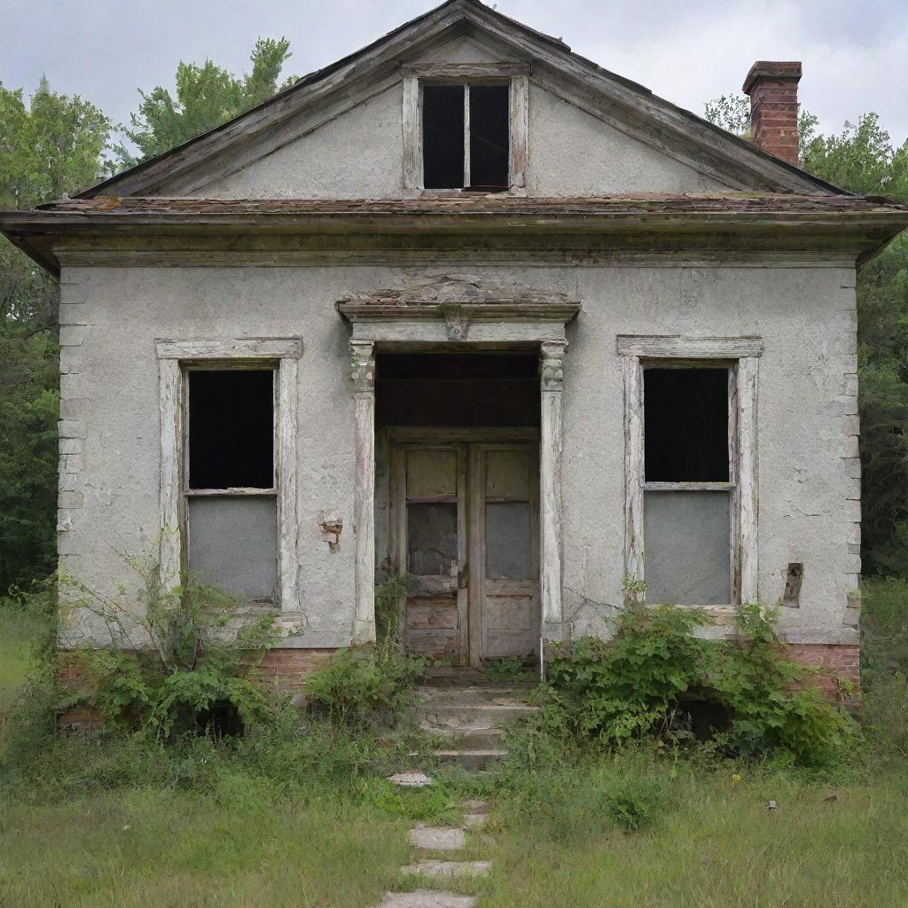 A derelict, neglected house with weathered walls, faded paint, overgrown vegetation, and creaky, broken windows hinting at its former glory.