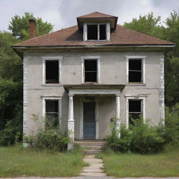 A derelict, neglected house with weathered walls, faded paint, overgrown vegetation, and creaky, broken windows hinting at its former glory.