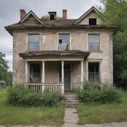 A derelict, neglected house with weathered walls, faded paint, overgrown vegetation, and creaky, broken windows hinting at its former glory.